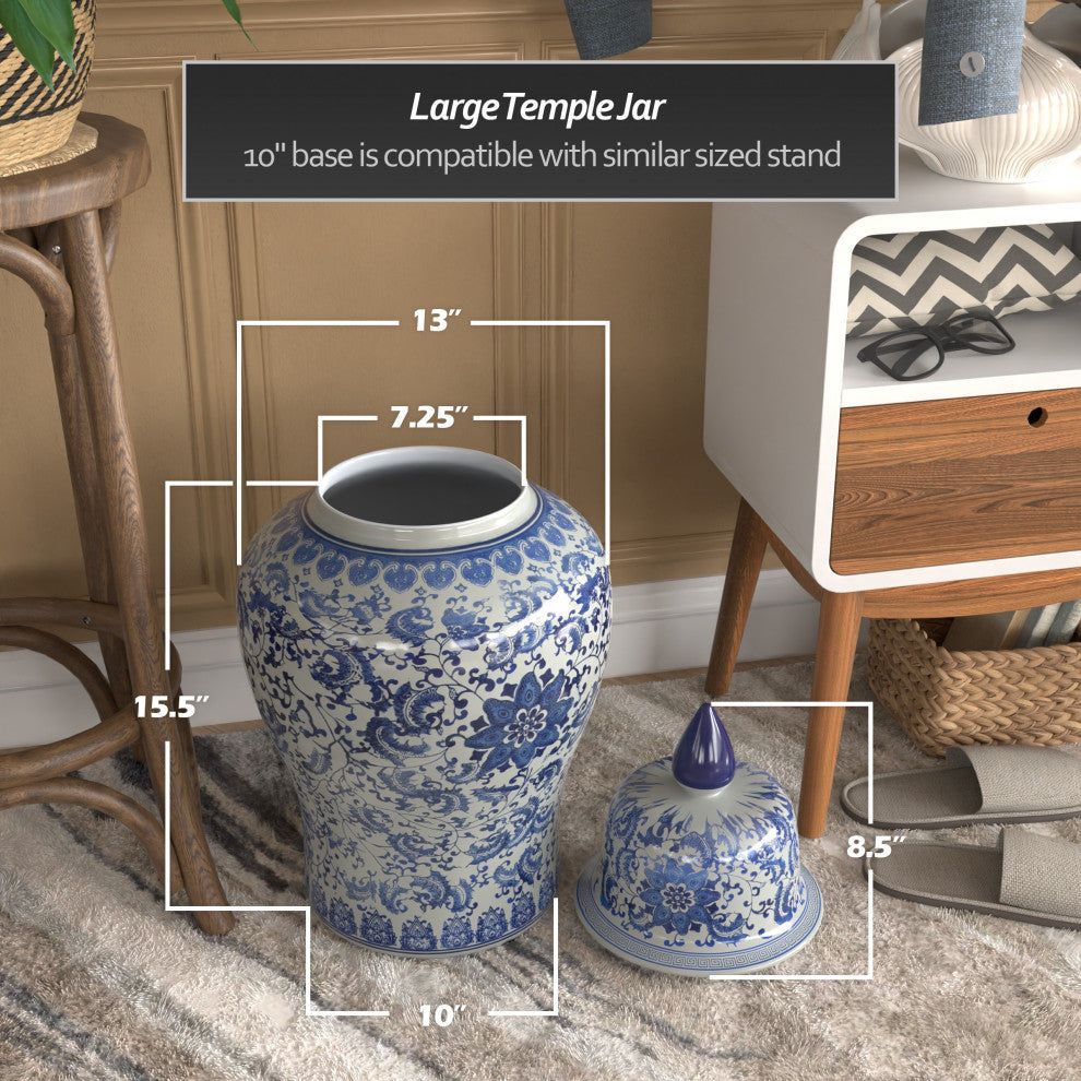 24" Floral Blue and White Porcelain Temple Jar
