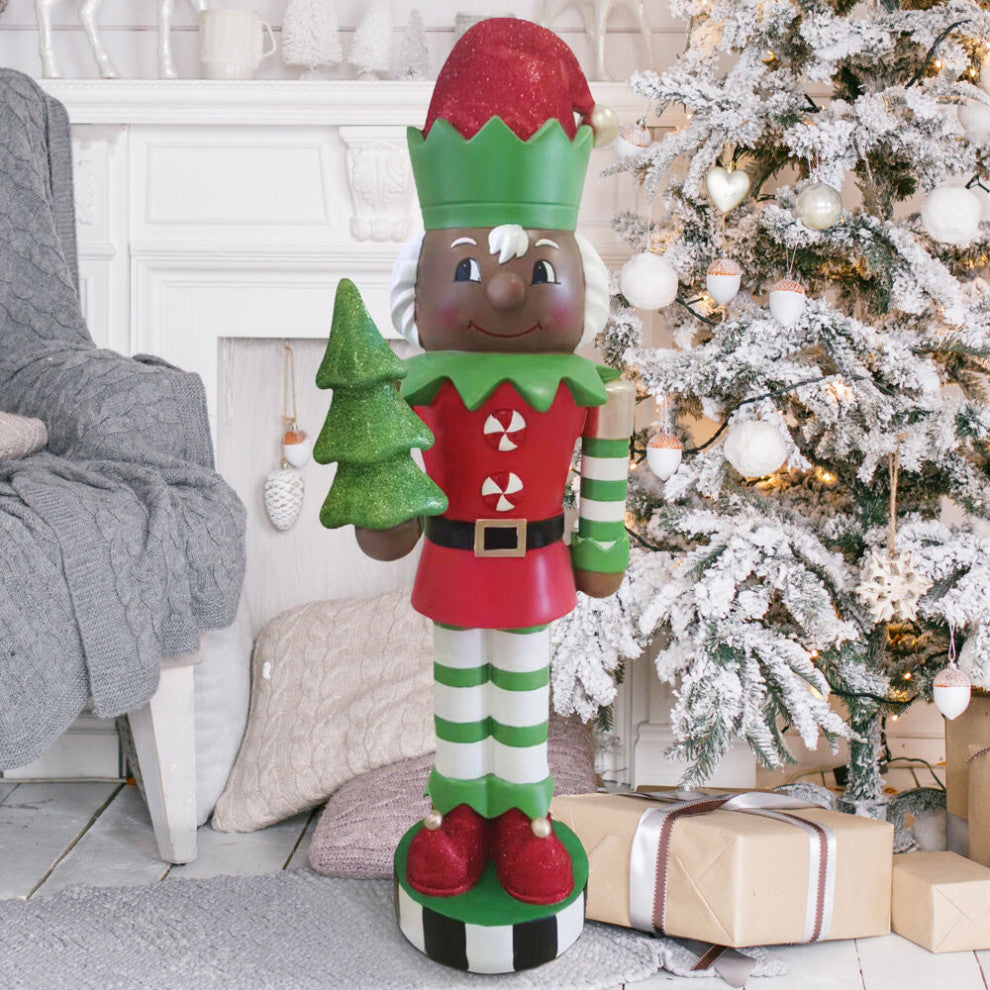 48" African American Elf Nutcracker Figurine Holding Tree, Red/Green