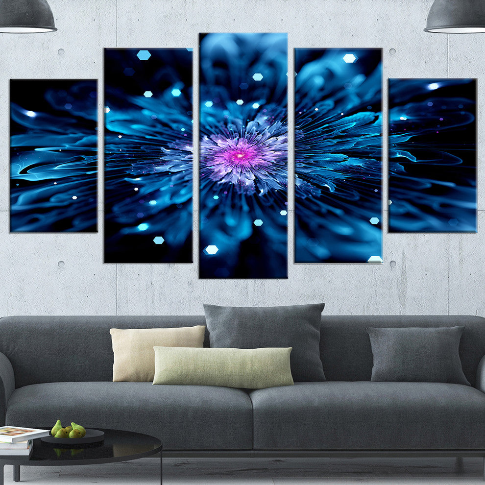 Blue Fractal Flower with Shiny Particles, Flower Canvas Art, 60"x32", 5 Panels