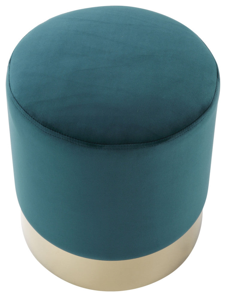 Madelyn Velvet Round Ottoman With Metal Base, Emerald/Gold