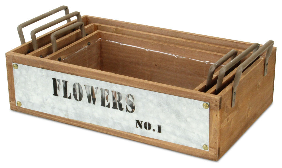 Set Of 3 Wood Storage With Galvanized Cutout Accent