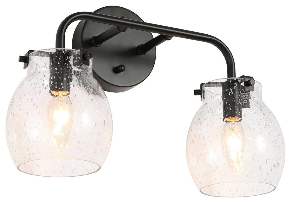 LALUZ 2 Light Matte Black Modern Bathroom Vanity Light with Globe Seeded Glass