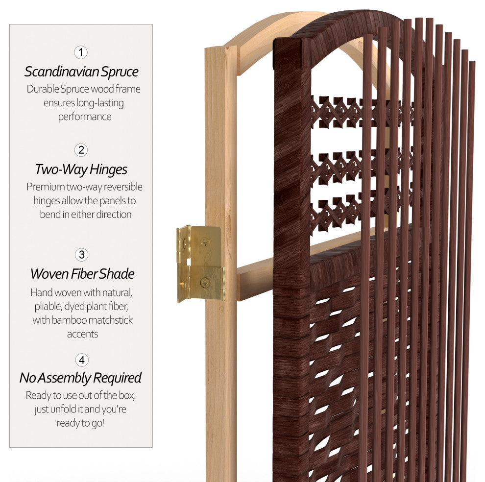4' Tall Fiber Weave Room Divider, Dark Red, 4 Panels