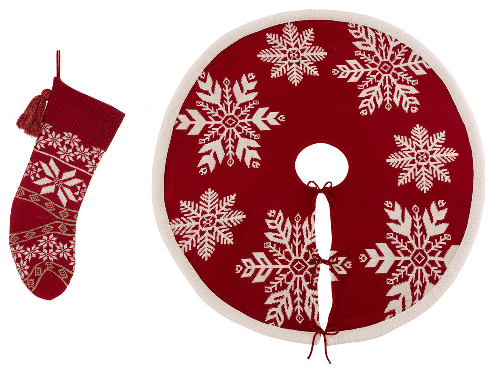 Set of 2 Knitted Acrylic Christmas Stocking and Tree Skirt, Snowflake