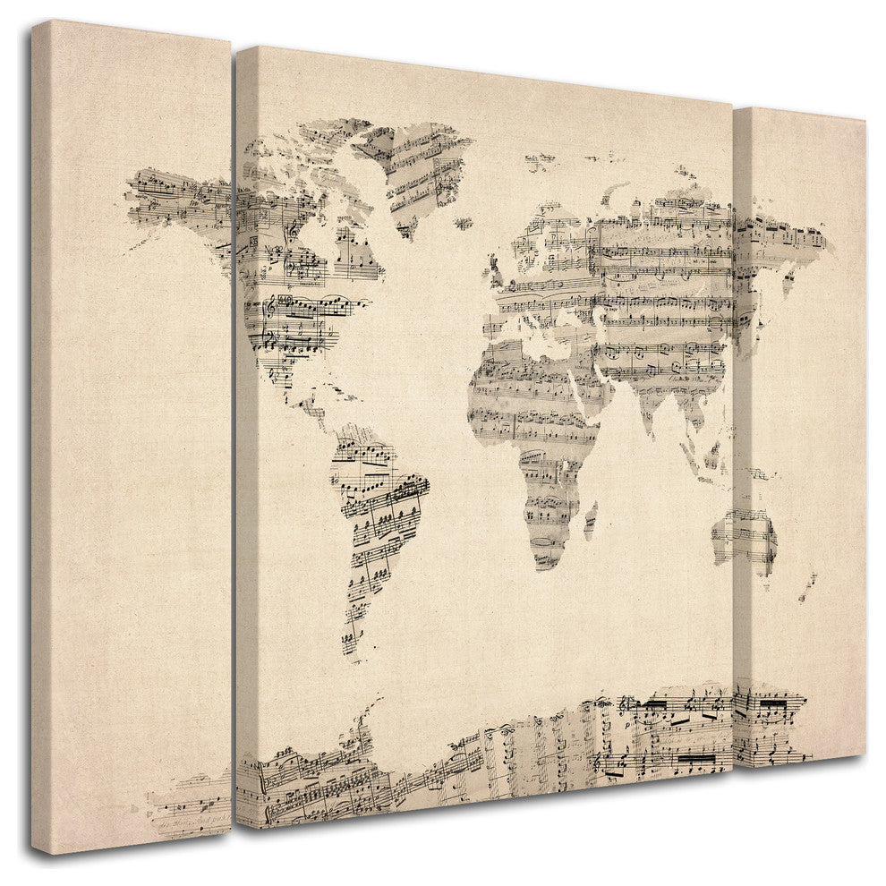 Michael Tompsett ''Old Sheet Music World Map'' Multi Panel Art Set, 32"x24"