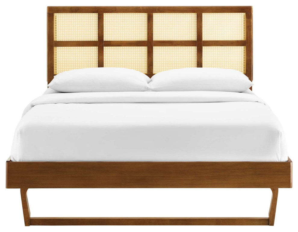 Sidney Cane and Wood Queen Platform Bed With Angular Legs