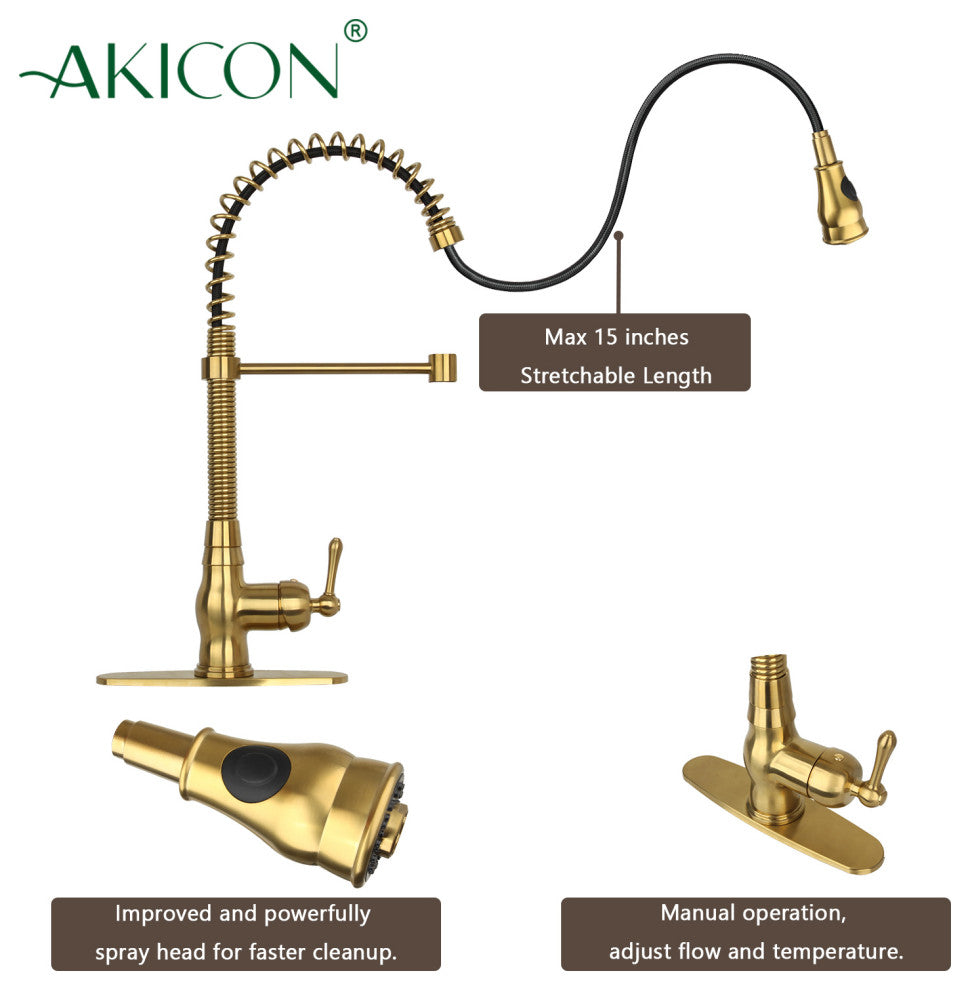 Copper Pre-Rinse Spring Kitchen Faucet with Pull Down Sprayer, Brushed Gold