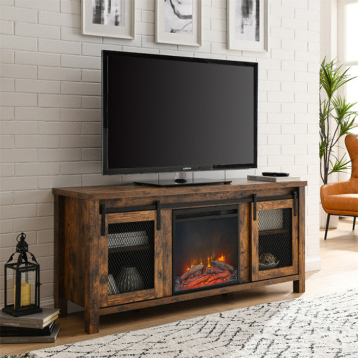 Farmhouse fireplace tv stand 65 inch rustic Cabinet Door with wood 4 Storage She