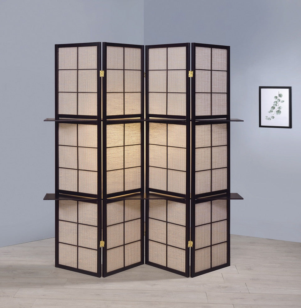4 Panel Screen with 4-Shelf, Tan and Cappuccino