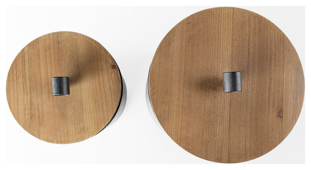 Set of Two Gray Metal Cannisters With Wooden Lids