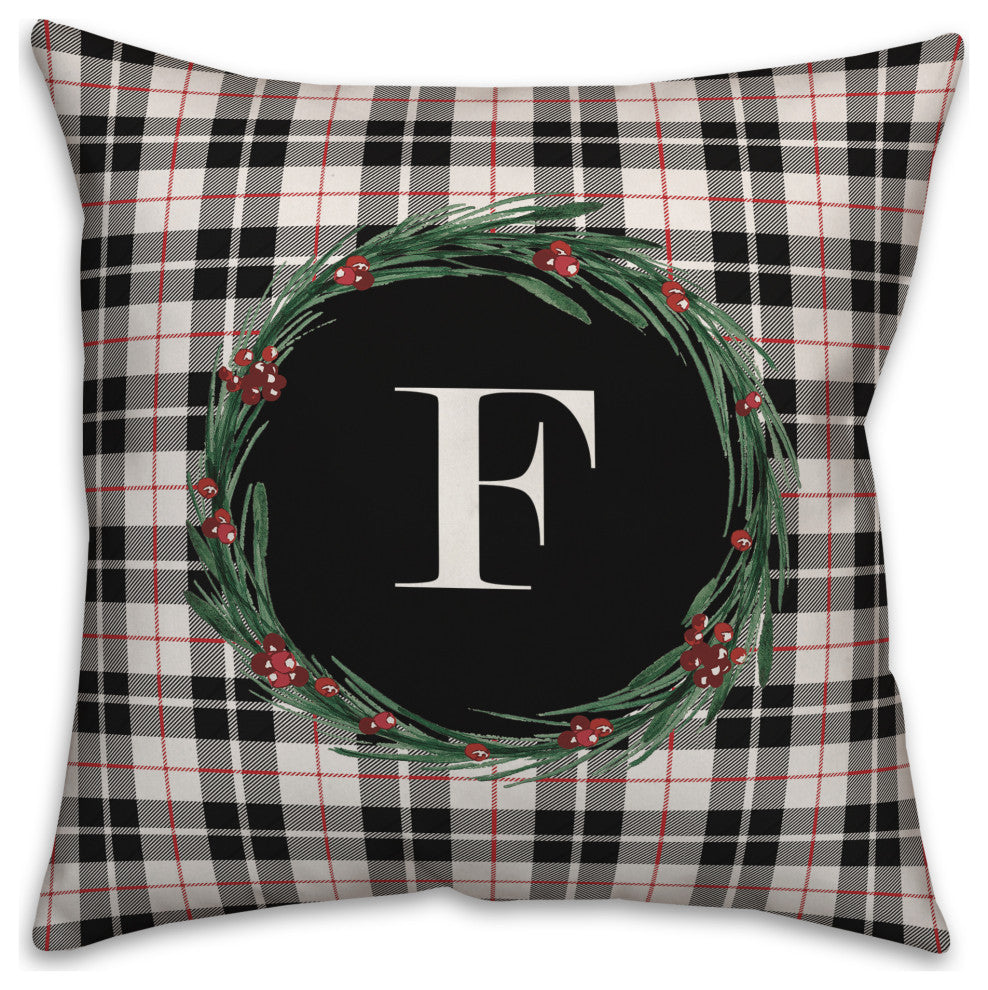 Black Plaid Monogram Wreath F 18x18 Spun Poly Pillow