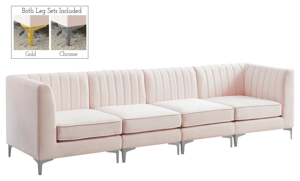 Alina Velvet Upholstered 4-Piece Modular Sectional, Pink