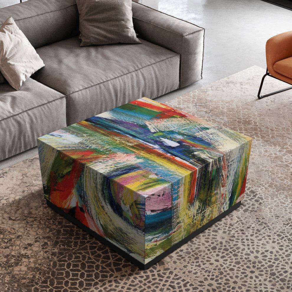 "Graffiti Rock Star I" Printed Glass Cocktail Table with Black Plinth Base