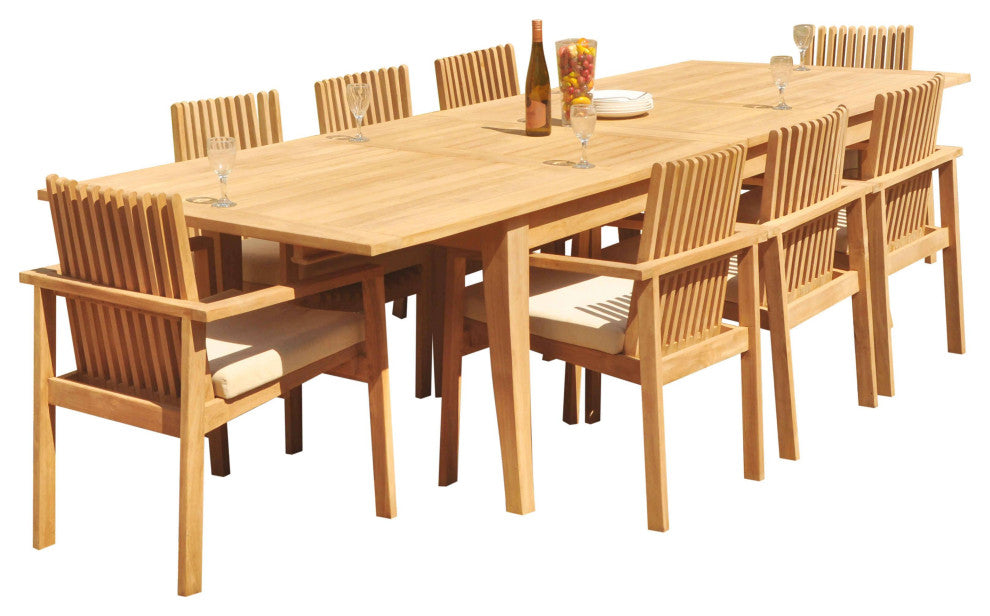9-Piece Teak Dining Set: 122" X-Large Rectangle Table, 8 Clip Stacking Chairs