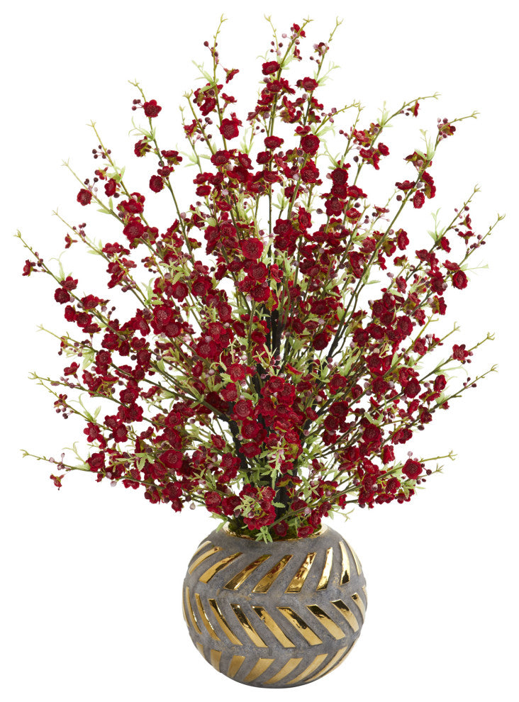 30" Cherry Blossom Artificial Arrangement, Stoneware Vase With Gold Trimming