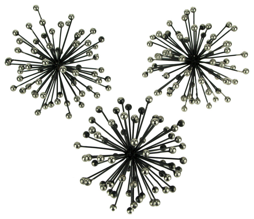 Black and Silver Metal Bursting Star Spiked Decorative Table Orbs Set of 3