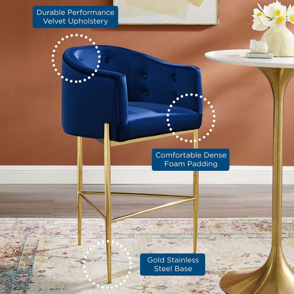 Tufted Bar Stool Chair Barstool, Set of 2, Velvet, Blue Navy, Pub Cafe Bistro