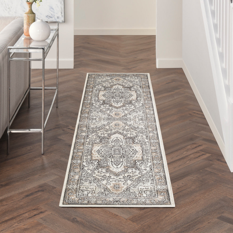 Nourison Quarry 2'2" x 10' Ivory Grey Taupe Vintage Indoor Rug