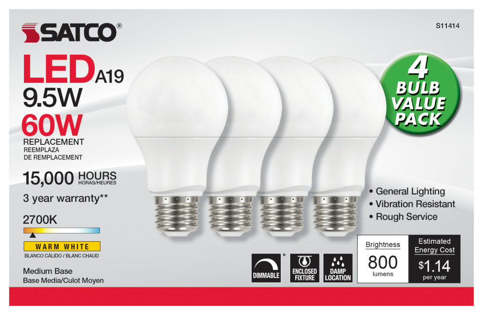9.5W A19 LED, 2700K, Dimmable, Medium Base, 230 deg. Beam Angle, 4-Pack