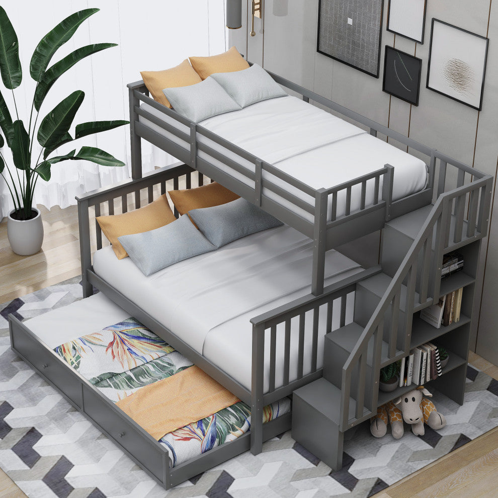 Gewnee Wood Twin-Over-Full Bunk Bed with Trundle and Stairway, Gray