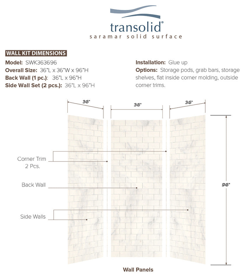 Transolid SaraMar 36"x36"x96" Glue to Wall 3-Piece Shower Wall Kit, White Venito