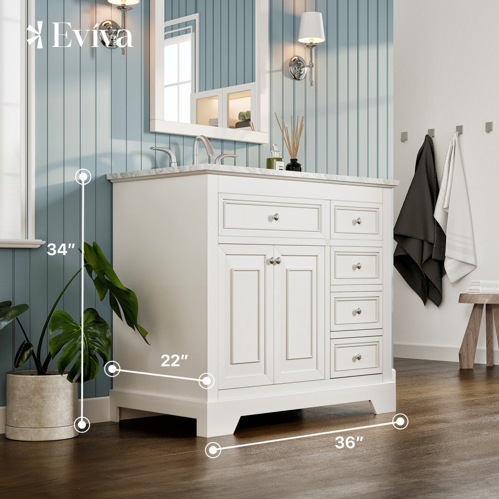 Eviva Monroe 36" Transitional Vanity With White Carrara Top, White