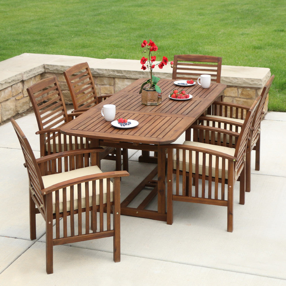 7-Piece Acacia Patio Dining Set With Cushions, Dark Brown