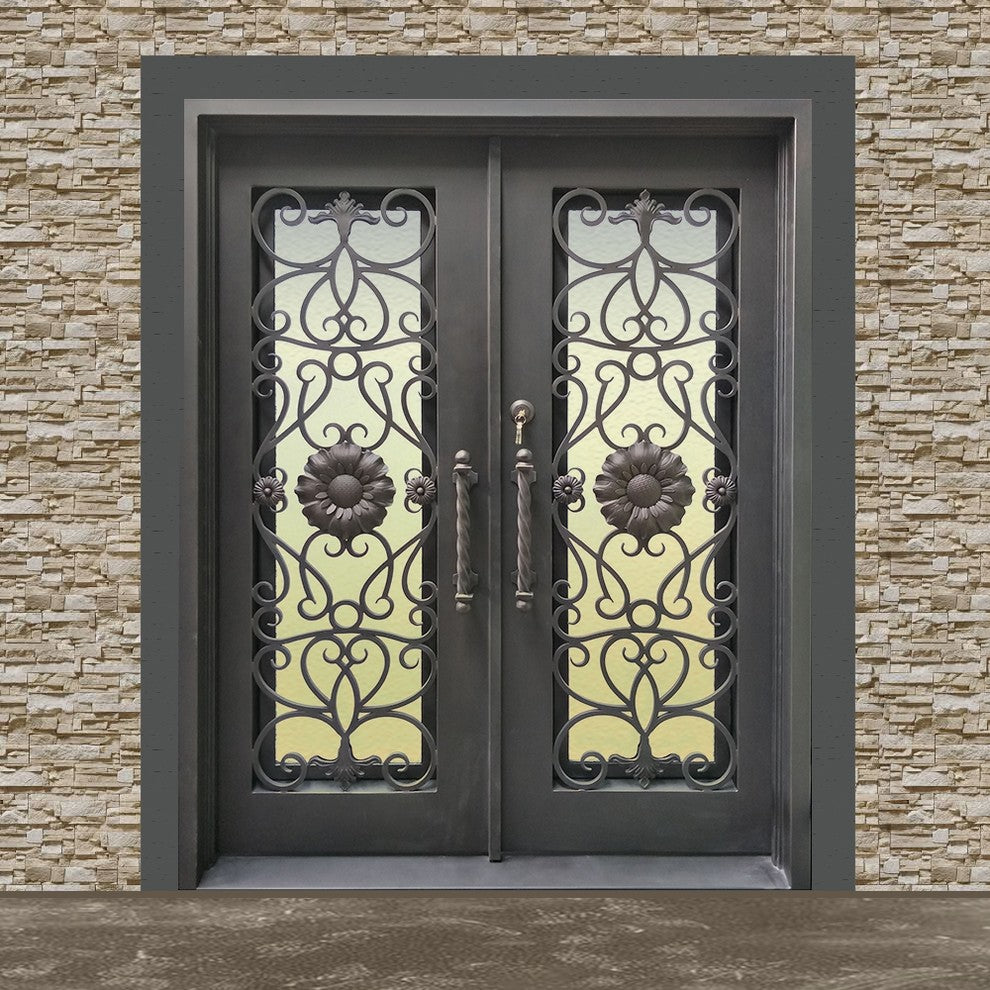 Square Top Sunflower Dual Door With Frame and Threshold 62"x81", Aged Bronze