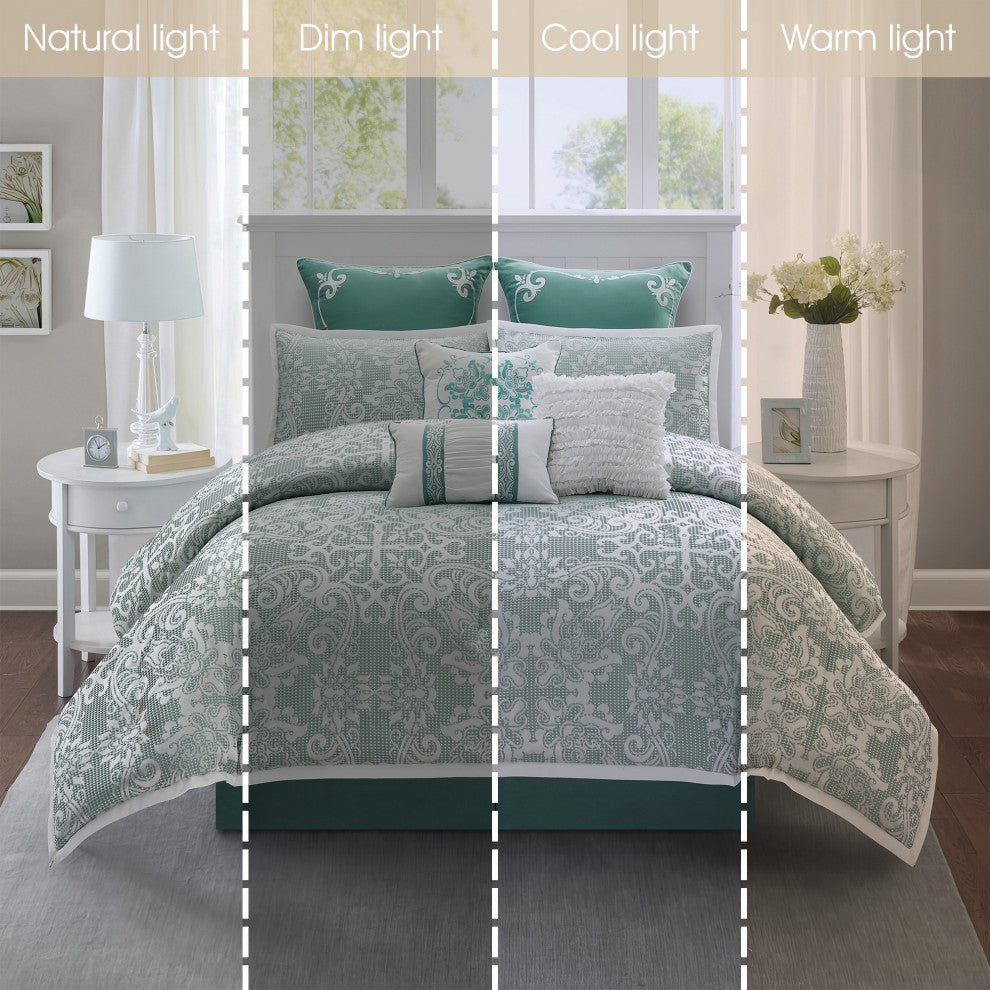Barvina 9 Piece Damask Comforter Set, Sage, King