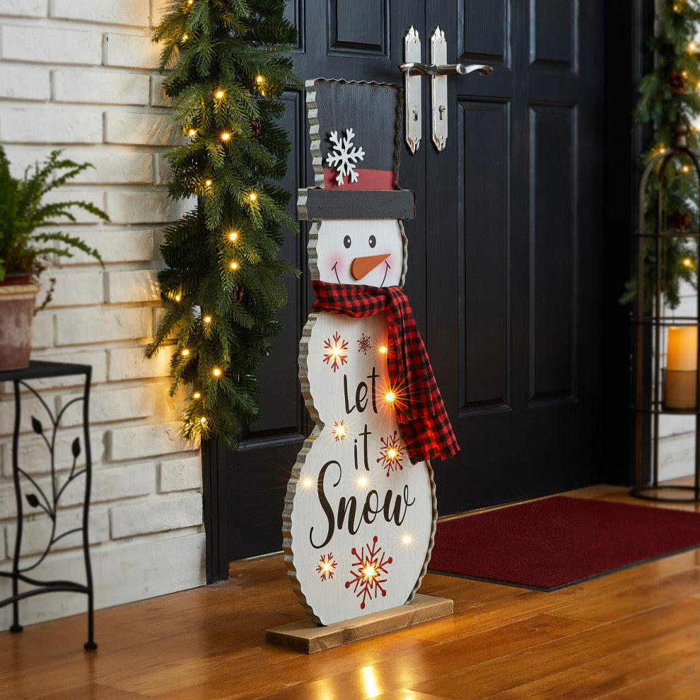 36"H Lighted Wooden Christmas Snowman Porch Decor