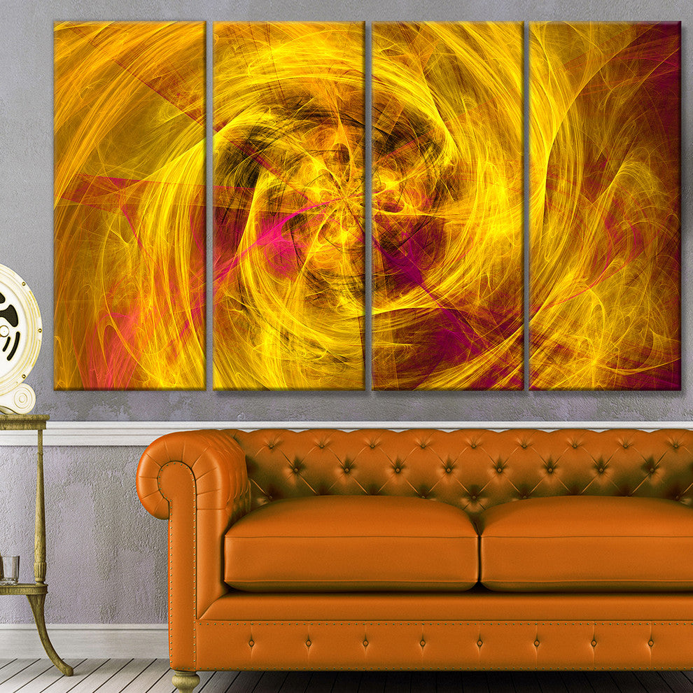 Mystic Golden Fractal, Abstract Wall Art Canvas, 48"x28", 4 Panels