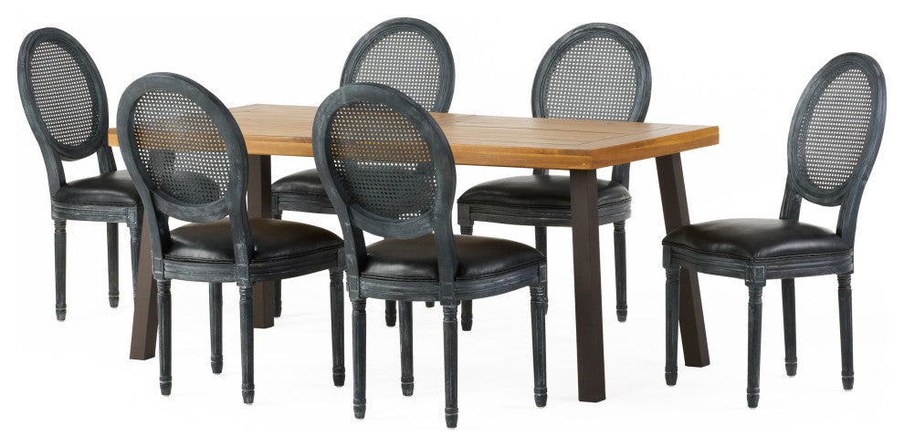 Warbler Farmhouse Faux Leather Upholstered Wood and Rattan 7 Piece Dining Set