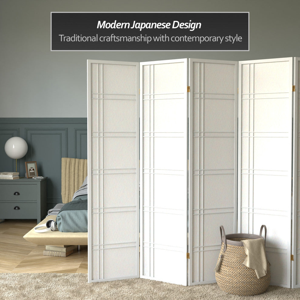 6' Tall Double Cross Shoji Screen, White, 6 Panels