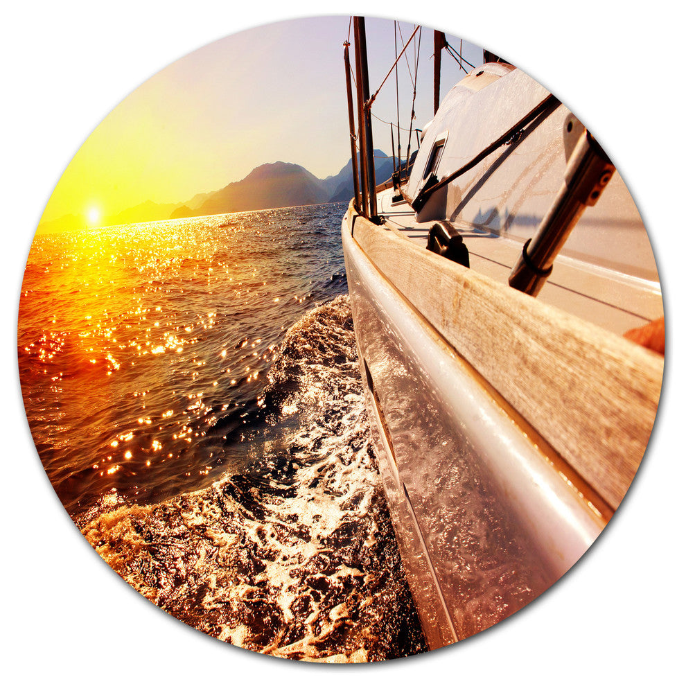 Yacht Sailing Against Sunset, Seashore Round Wall Art, 23"