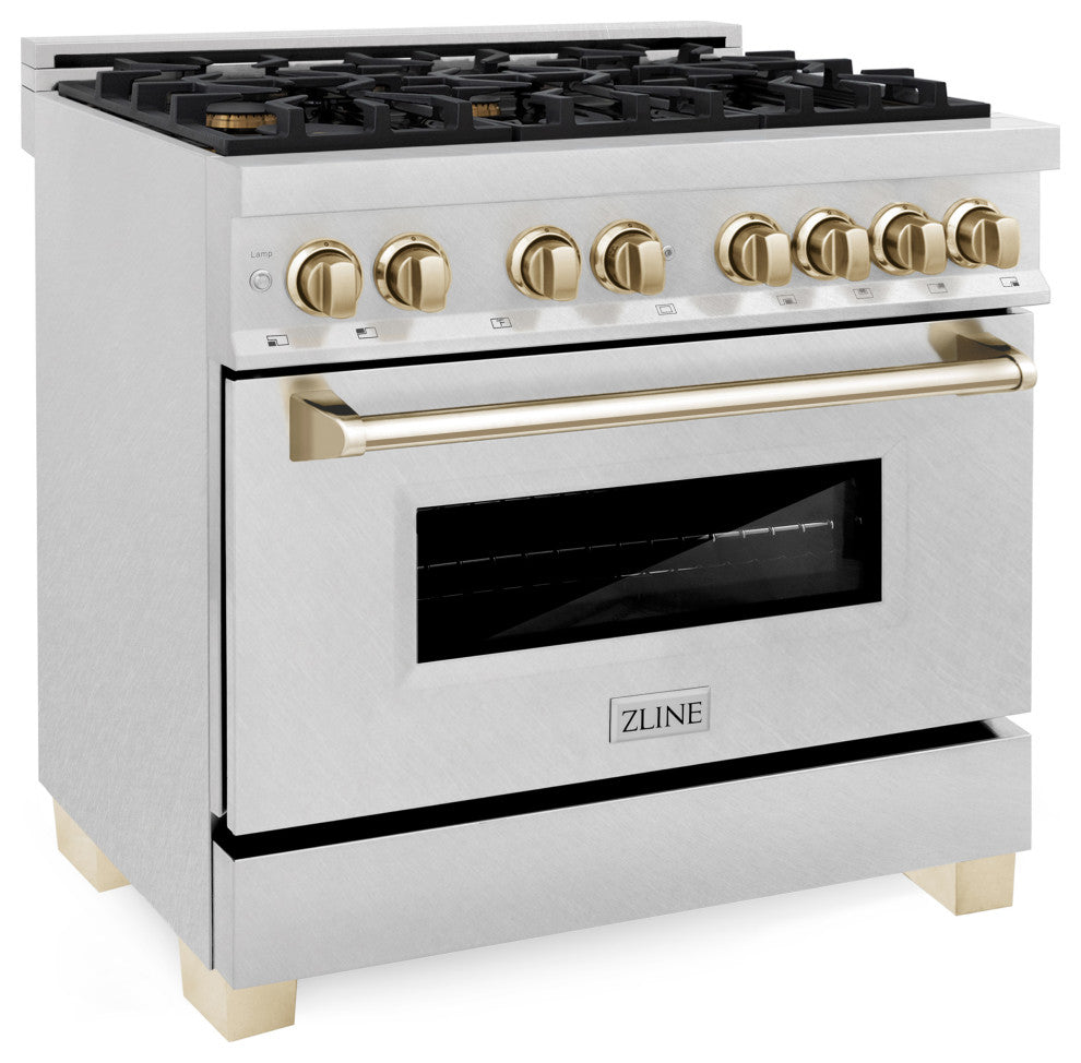 ZLINE 36" Dual Fuel Range, DuraSnow With Gold Accents RASZ-SN-36-G
