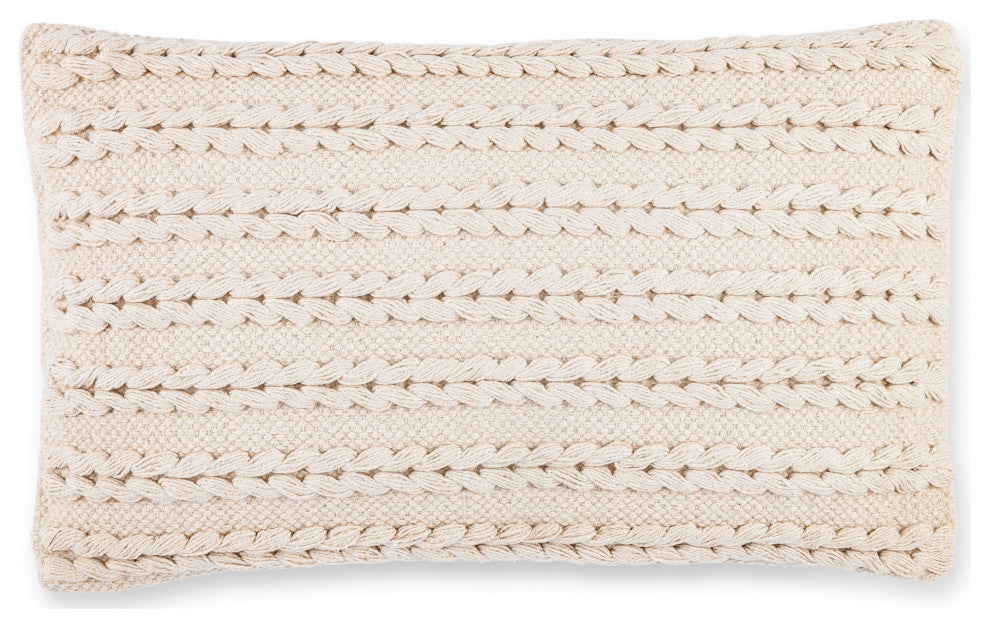 20" Ivory Woven Cotton Lumbar Pillow, Polyester Filling
