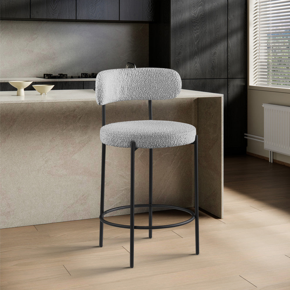 Beacon Upholstered Stool, Set of 2, Grey, Matte Black Finish, Boucle Fabric