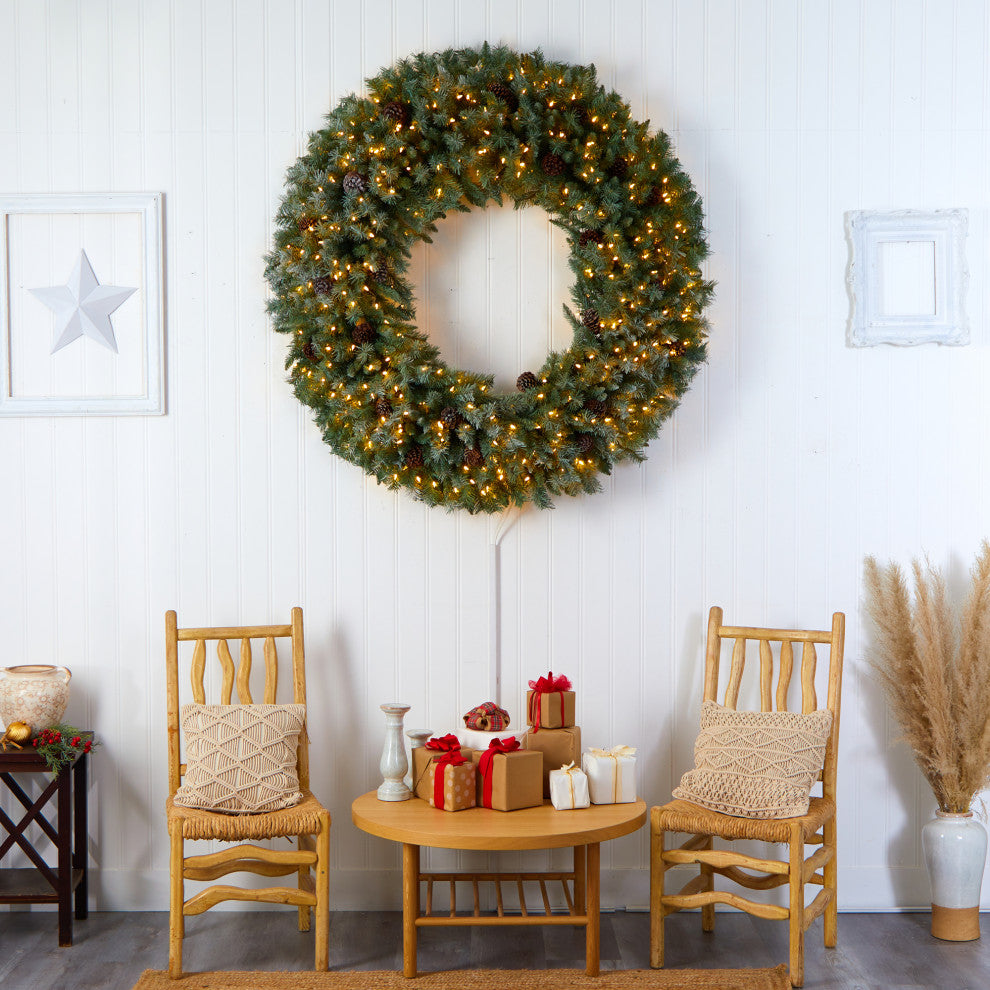 5' Giant Flocked Faux Xmas Wreath W/ Pinecones, Clear Lights & Bendable Branches