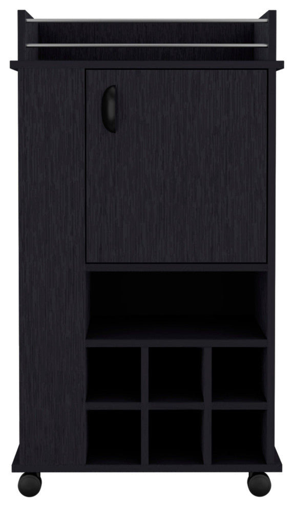 Farson Bar Cart with 6 Built-in Wine Racks, Cabinet, and Caster Wheels, Black