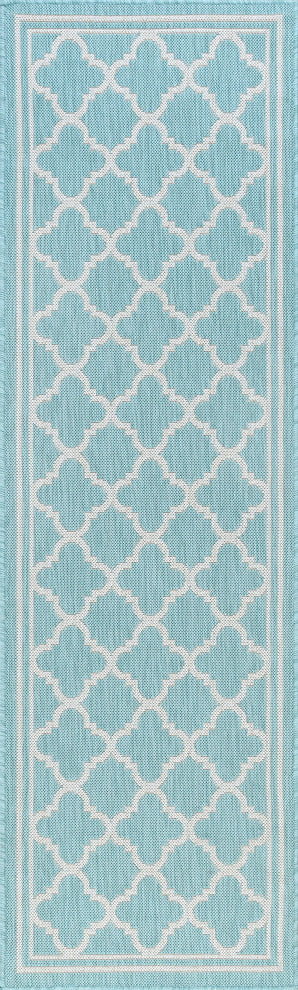Shaila Transitional Geometric Aqua/Cream Indoor/Outdoor Runner Rug, 2'x7'