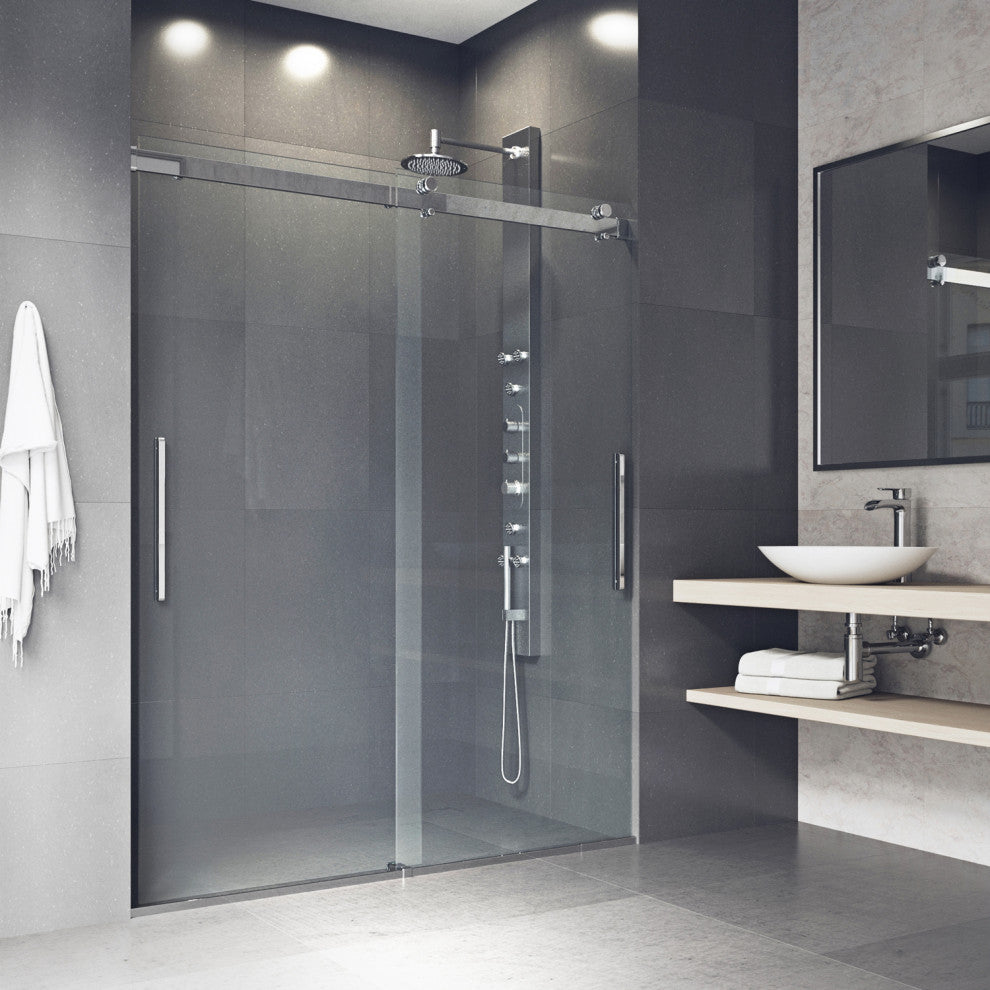 VIGO Caspian 59" to 61" W x 74" H Frameless Sliding Shower Door, Chrome, Clear Glass