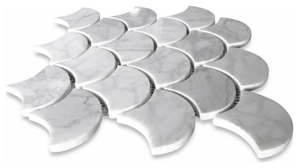 Fish Scale Carrara White Marble Grand Fan Mosaic Tile Polished, 1 sheet