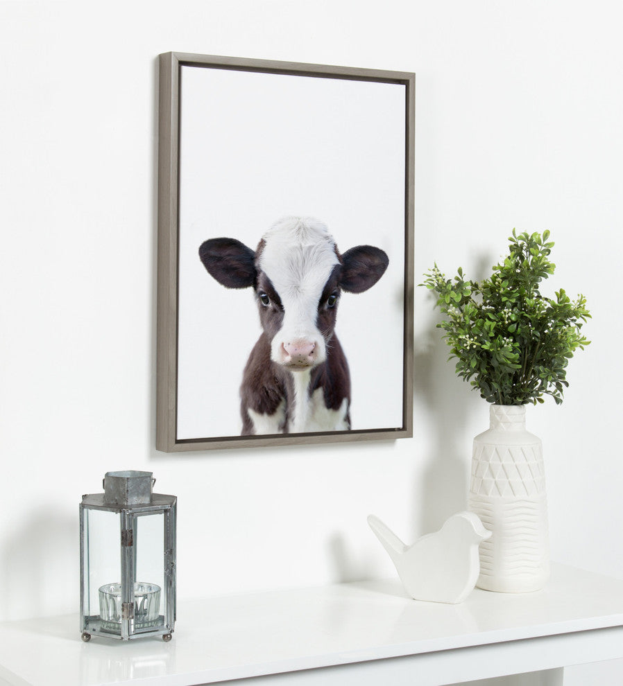 Sylvie Baby Cow Portrait Framed Canvas by Amy Peterson, Gray 18x24