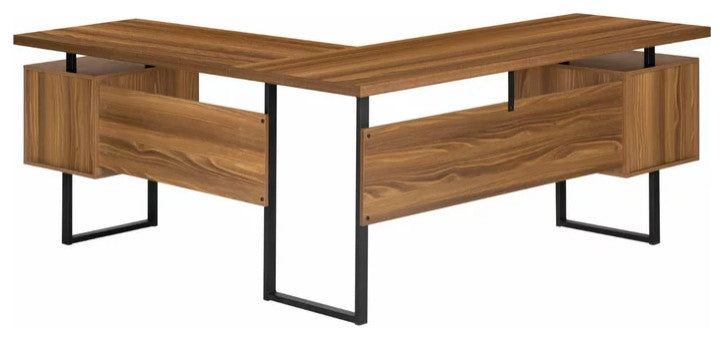 Modern L-Shaped Desk, Large Floating Top With Spacious Drawers, Brown