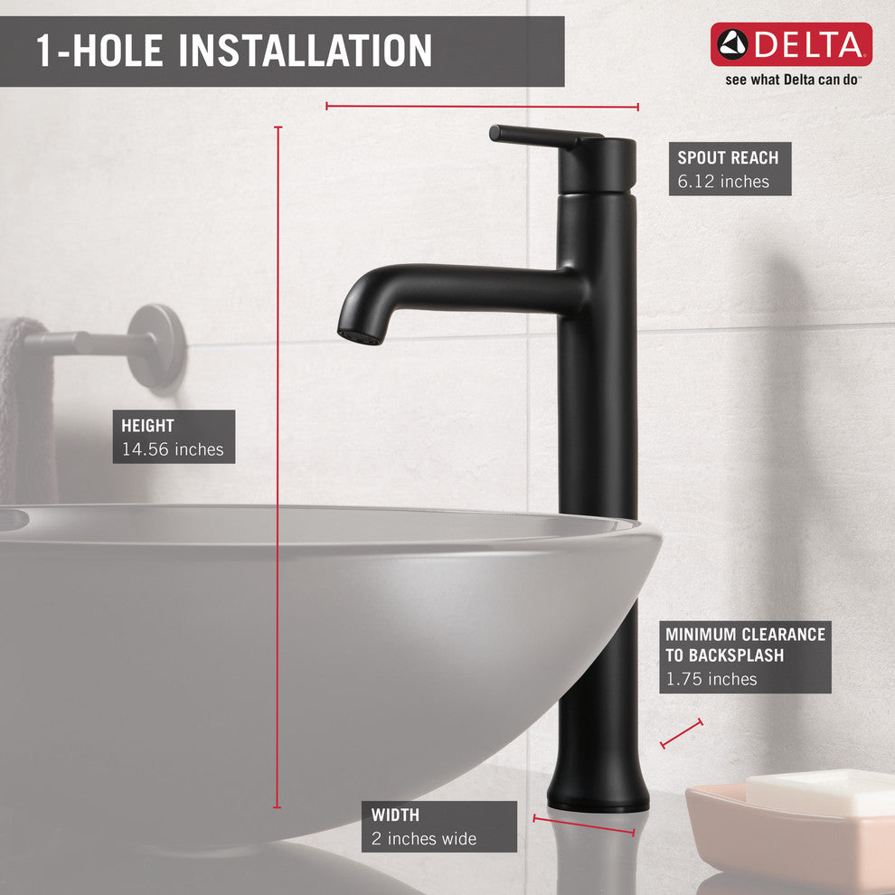 Delta Trinsic Single Handle Vessel Bathroom Faucet, Matte Black, 759-BL-DST