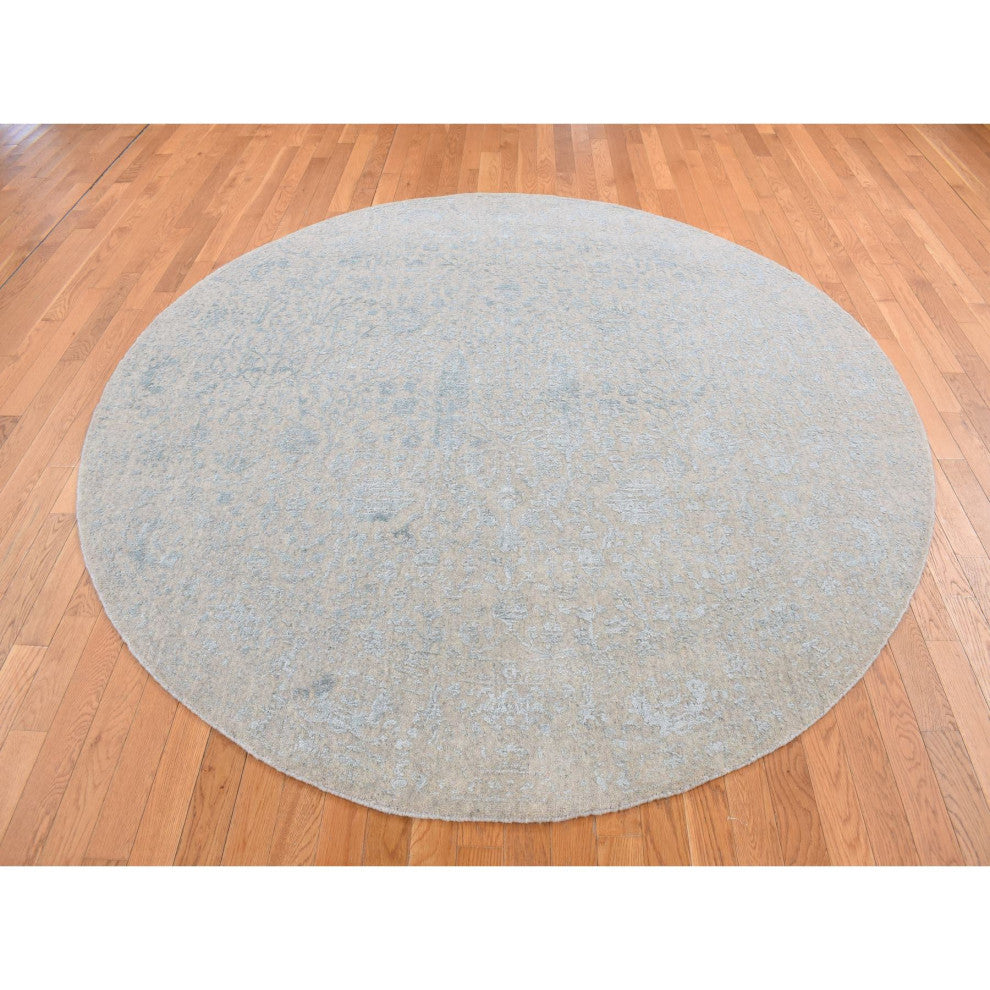 Gray Cypress Tree Design Wool and Silk Hand Loomed Round Rug 8' x 8'