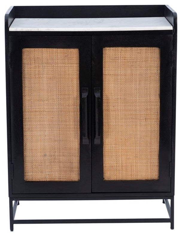 Linon Josie Bar Cabinet White Marble Top Cane Panel Doors in Black Wood