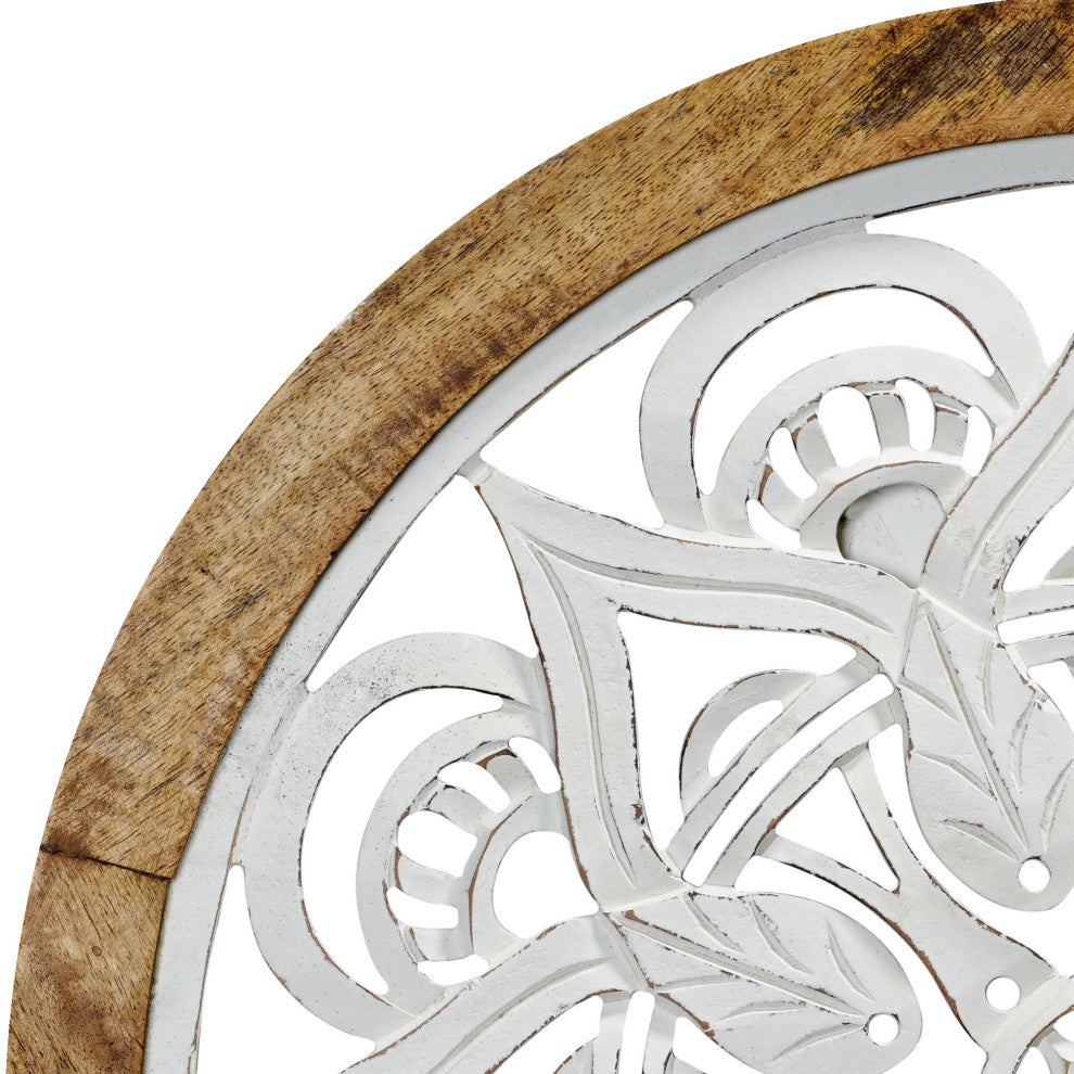 Distressed Wood Framed Round White Floral Wall Accent Medallion - 24"