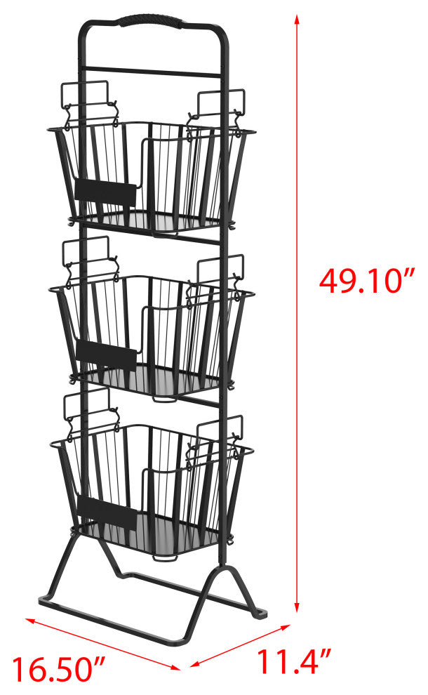 Oceanstar 3-Tier Metal Wire Storage Basket Stand with Removable Baskets "“ Black