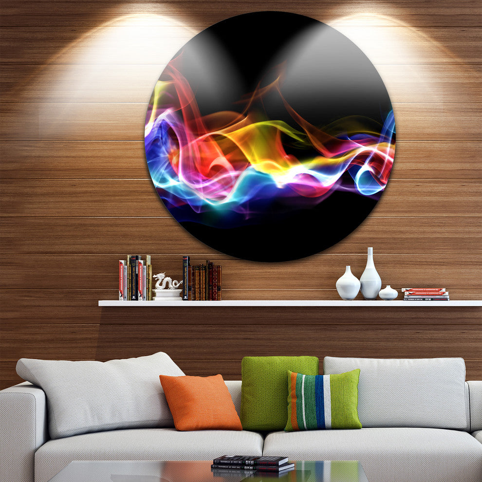Blue Yellow Waves In Black, Abstract Digital Round Metal Wall Art, 23"